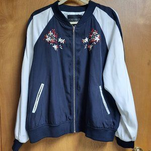 Forever 21+ Navy/White Zip-up Jacket with Floral Embroidery, Size 3X